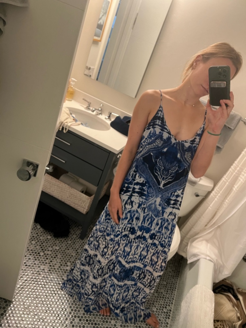 Express Blue & White Printed V-Neck Maxi Dress
